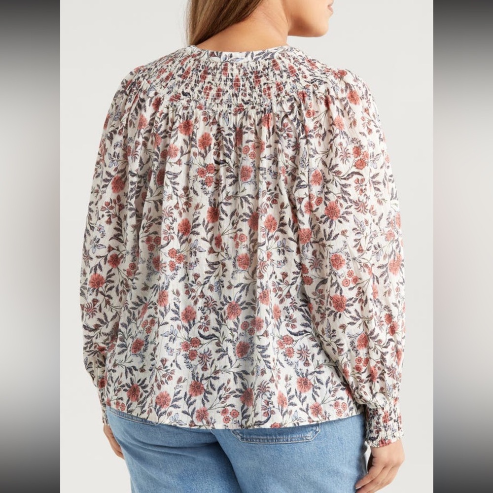 Treasure & Bond Print Smocked Yoke Button-Up Shirt, IVORY- PINK FLEURETTE, 1X/2X - Picture 2 of 9